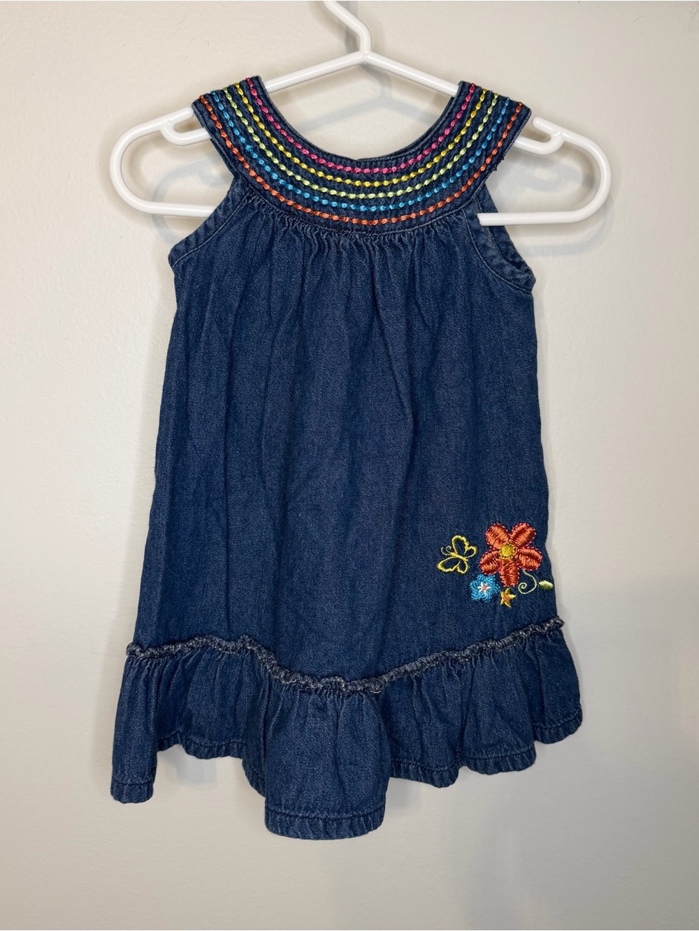 Vintage Y2K Okie Dokie Baby Girls Denim Chambray Embroidered Dress 18 Months